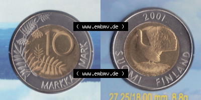 Münzen Finnland / SUOMI Eurovorläufer, Umlaufmünze vor Euroeinführung 2001, 10 Mark, Markkaa. Rückseite und Vorderseite horizontal... Sammlung