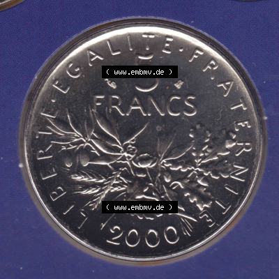 Münzen Frankreich Eurovorläufer, Umlaufmünze vor Euroeinführung 2000, 5 Francs. Vorderseite einer Münze aus Europa als Digitales Bild / Bildmaterial zum... Sammlung