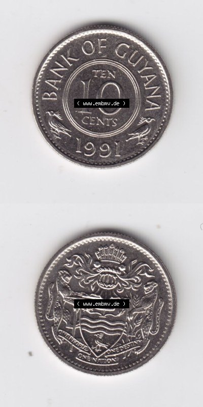 Münzen aus Amerika Guyana Umlaufmünze 1967-1992, 10 Ten Cents 1991 (4) Sammlung
