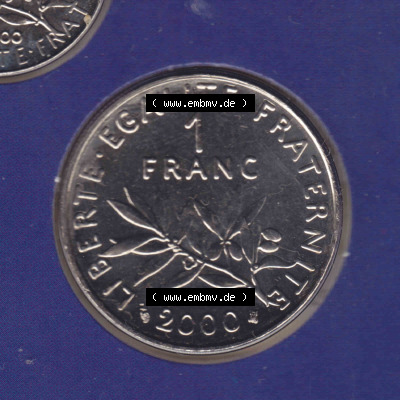 Münzen Frankreich Eurovorläufer, Umlaufmünze vor Euroeinführung 2000, 1 Francs. Vorderseite einer Münze aus Europa als Digitales... Sammlung