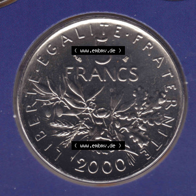 Münzen Frankreich Eurovorläufer, Umlaufmünze vor Euroeinführung 2000, 5 Francs. Vorderseite einer Münze aus Europa als Digitales... Sammlung