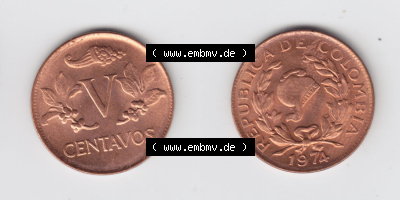 Münzen aus Amerika Kolumbien / Columbia Umlaufmünze 1974, 5 V Centavos (3) Sammlung