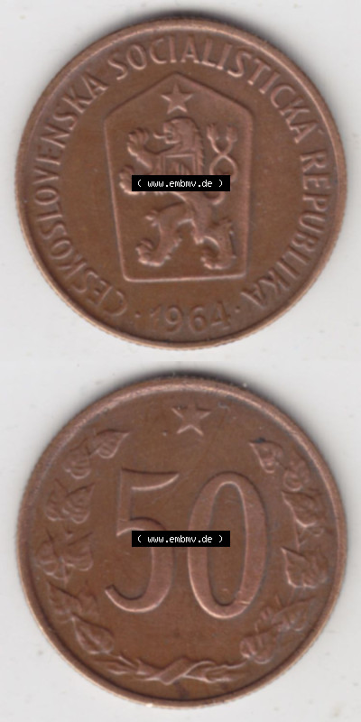 Münzen Tschechoslowakei (Land wurde 1992 aufgelöst), Umlaufmünze 1963-1971, 50 h, Heller, Haleru 1964 (4) Sammlung