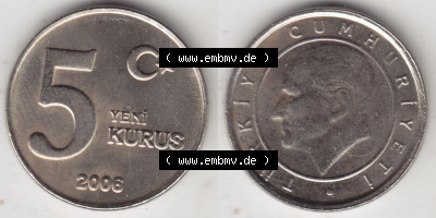 Münzen Türkei / Türkiye Eurovorläufer, Umlaufmünze vor Euroeinführung 2005-2008, 5 Yeni Neue Kurus (3) Sammlung