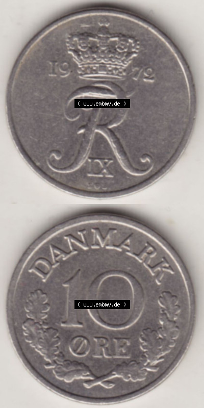 Münzen Dänemark / Danmark Eurovorläufer, Umlaufmünze vor Euroeinführung 1960-1972, 10 Öre 1972 (4) Sammlung
