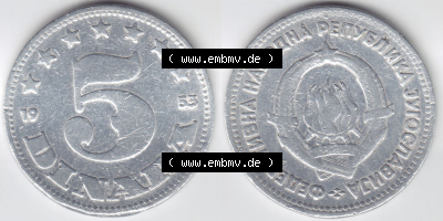 Münzen Jugoslawien (Land wurde 2003 aufgelöst), Umlaufmünze 1953-1953, 5 Dinara (3) Sammlung