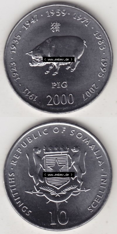 Münzen aus Afrika Somalia, Republik Umlaufmünze 2000-2000, 1 Schilling / Shilling / Scellini Lunar / Chinesische Tierkreiszeichen... Sammlung