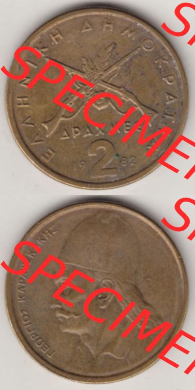Münzen Griechenland Eurovorläufer, Umlaufmünze vor Euroeinführung 1982-1986, 2 Drachmen Apaxmai 1982. VS+RS auf einen Bild/Foto,, untereinander... Sammlung