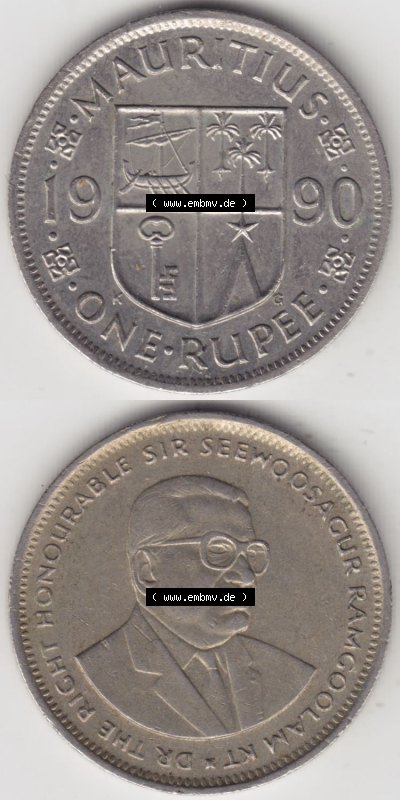 Münzen aus Afrika Mauritius Umlaufmünze 1987-2010, 1 Rupie, 1 Rupee 1990 (4) Sammlung
