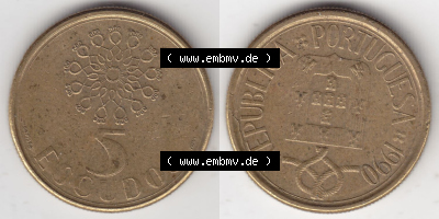 Münzen Portugal Eurovorläufer, Umlaufmünze vor Euroeinführung 1986-2001, 5 Escudos 1990 (3) Sammlung