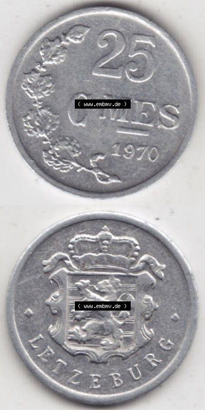 Münzen Luxemburg / Lëtzebuerg Eurovorläufer, Umlaufmünze vor Euroeinführung 1954-1972, 25 Centimes - C-MES 1970 I. (4) Sammlung