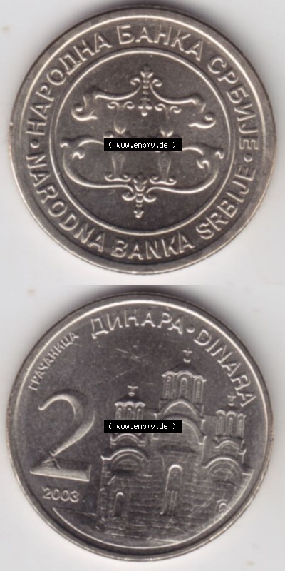 Münzen Serbien Eurovorläufer, Umlaufmünze vor Euroeinführung 2003-2003, 2 Dinara (4) Sammlung