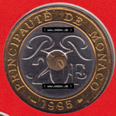 Münzen Monaco / Mu̍negu Eurovorläufer, Umlaufmünze vor Euroeinführung 1992-1997, 20 Francs 1995 (2) Sammlung