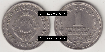 Münzen Jugoslawien (Land wurde 2003 aufgelöst), Umlaufmünze 1968-1968, 1 Dinar 1968 (3) Sammlung