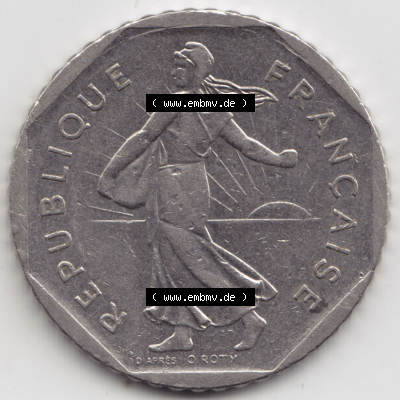 Münzen Frankreich Eurovorläufer, Umlaufmünze vor Euroeinführung 1979-2001, 2 Francs Säerin Semeuse. Rückseite einer Münze... Sammlung