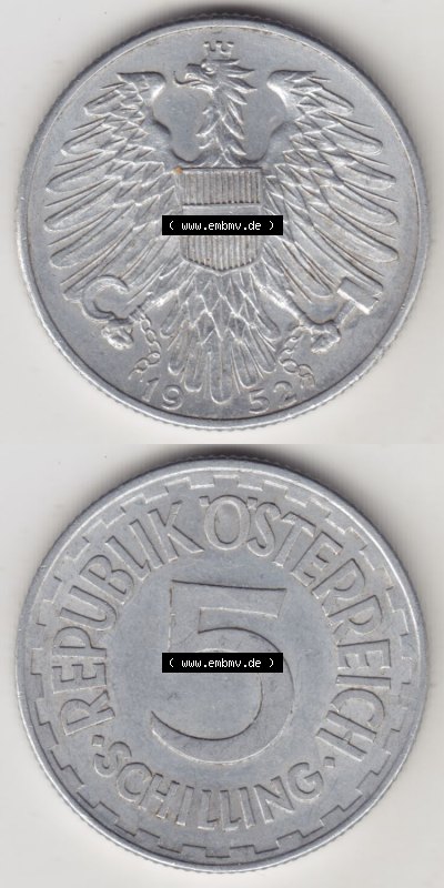 Münzen Österreich / Austria Eurovorläufer, Umlaufmünze vor Euroeinführung 1952-1957, 5 Schilling 1952 I. (4) Sammlung