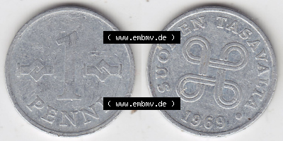 Münzen Finnland / SUOMI Eurovorläufer, Umlaufmünze vor Euroeinführung 1969-1979, 1 Penni. Rückseite und Vorderseite horizontal... Sammlung