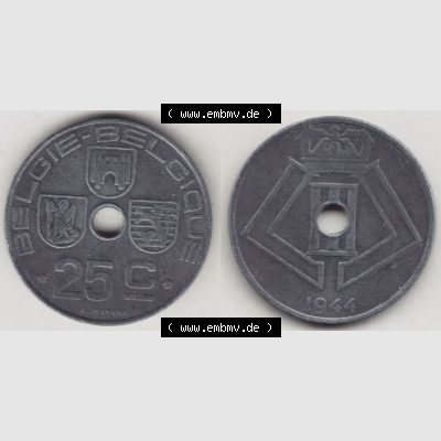 Münzen Belgien Eurovorläufer, Umlaufmünze vor Euroeinführung 1942-1946, 25 Centimes 1944 Belgie - Belgique (3) Sammlung
