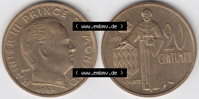 Münzen Monaco / Mu̍negu Eurovorläufer, Umlaufmünze vor Euroeinführung 1962-1995, 20 Centimes 1962 (3) Sammlung