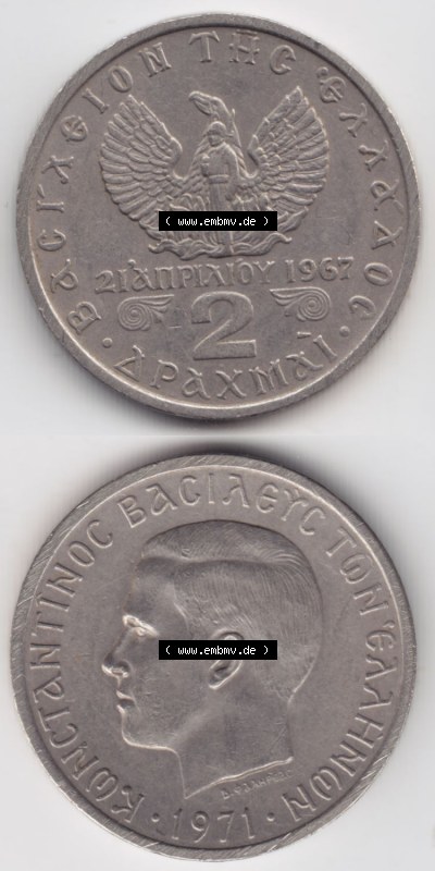 Münzen Griechenland Eurovorläufer, Umlaufmünze vor Euroeinführung 1971, 2 Apaxmai, Drachmen. VS+RS auf einen Bild/Foto,, untereinander... Sammlung