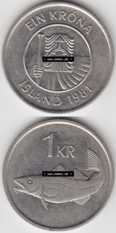 Münzen Island Eurovorläufer, Umlaufmünze vor Euroeinführung 1981-1987, 1 KR, Krone 1981 (4) Sammlung