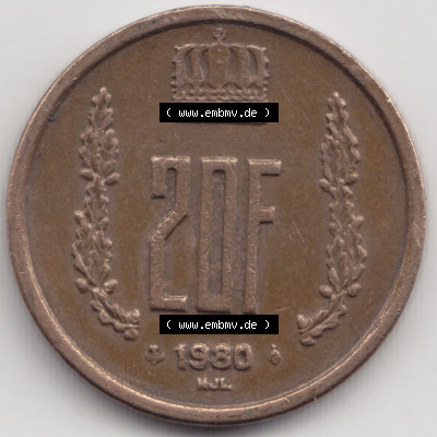 Münzen Luxemburg / Lëtzebuerg Eurovorläufer, Umlaufmünze vor Euroeinführung 1980-1983, 20 Francs Franken 1980 (1) Sammlung
