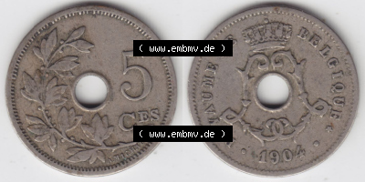 Münzen Belgien Eurovorläufer, Umlaufmünze vor Euroeinführung 1904-1907, 5 Ces, Centimes Koninkrijk Belgie (3) Sammlung