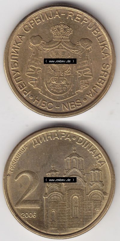 Münzen Serbien Eurovorläufer, Umlaufmünze vor Euroeinführung 2006-2009, 2 Dinar 2006 (4) Sammlung