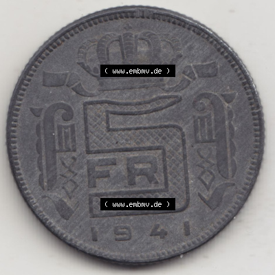 Münzen Belgien Eurovorläufer, Umlaufmünze vor Euroeinführung 1941-1946, 5 Franken 1941, Der Belgen (1) Sammlung