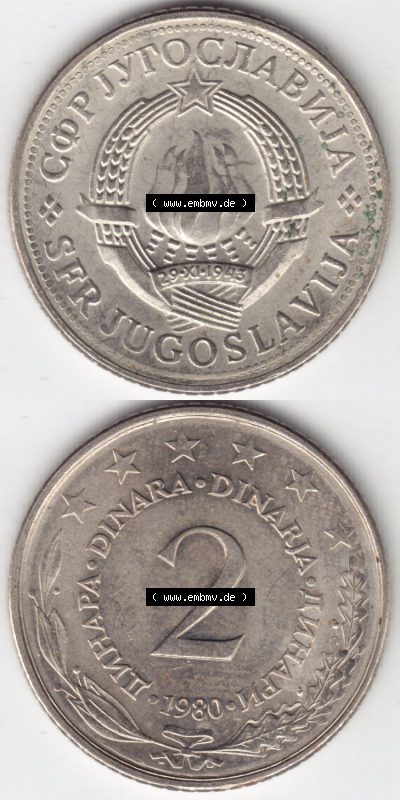 Münzen Jugoslawien (Land wurde 2003 aufgelöst), Umlaufmünze 1971-1981, 2 Dinara, Dinarja 1980 (4) Sammlung