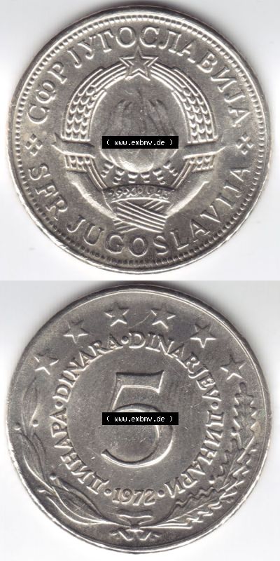 Münzen Jugoslawien (Land wurde 2003 aufgelöst), Umlaufmünze 1971-1981, 5 Dinara, Dinarjev 1972 (4) Sammlung