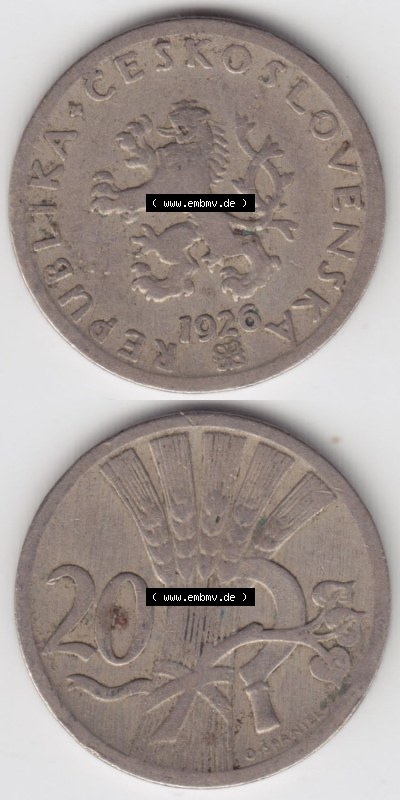 Münzen Tschechoslowakei (Land wurde 1992 aufgelöst), Umlaufmünze 1921-1938, 20 h, Haleru, Heller 1926 (4) Sammlung