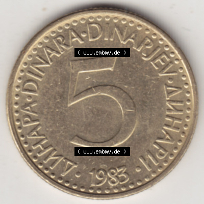 Münzen Jugoslawien (Land wurde 2003 aufgelöst), Umlaufmünze 1982-1986, 5 Dinar 1983 (2) Sammlung