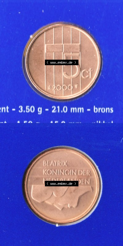 Münzen Niederlande / Netherlands Eurovorläufer, Umlaufmünze vor Euroeinführung 1982-2000, 5 Cent 2000 (4) Sammlung