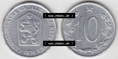 Münzen Tschechoslowakei (Land wurde 1992 aufgelöst), Umlaufmünze 1961-1971, 10 h, Haleru, Heller 1970 (3) Sammlung
