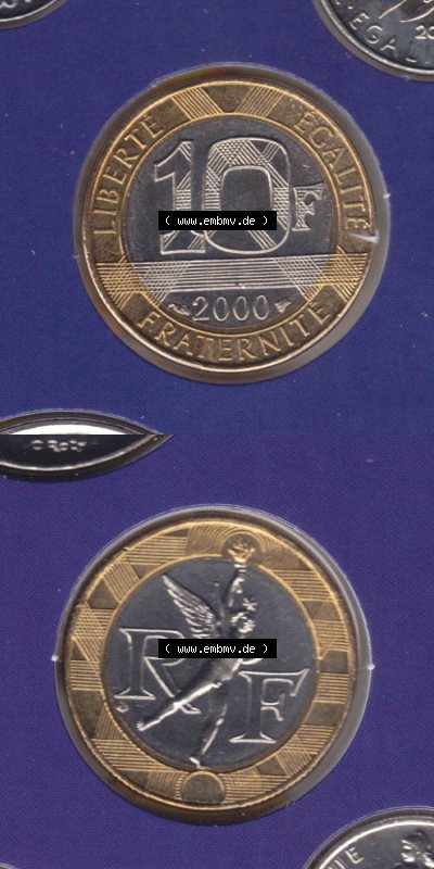 Münzen Frankreich Eurovorläufer, Umlaufmünze vor Euroeinführung 2000, 10 Francs. Vorderseite und Rückseite Vertikal Untereinander,... Sammlung