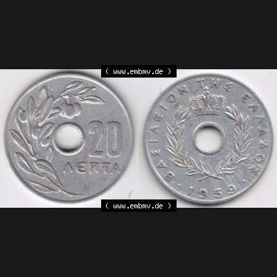 Münzen Griechenland Eurovorläufer, Umlaufmünze vor Euroeinführung 1959, 20 Aenta, Lepta. VS+RS auf einen Bild/Foto einer Münze aus Griechenland... Sammlung