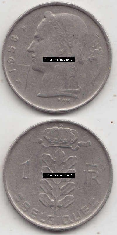 Münzen Belgien Eurovorläufer, Umlaufmünze vor Euroeinführung 1950-1988, 1 Francs-Franken 1958 Belgique (4) Sammlung