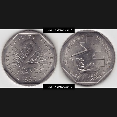 Münzen Frankreich Eurovorläufer, Umlaufmünze vor Euroeinführung 1993-1993, 2 Francs Jean Moulin. Vorderseite und Rückseite Nebeneinander einer Münze aus... Sammlung