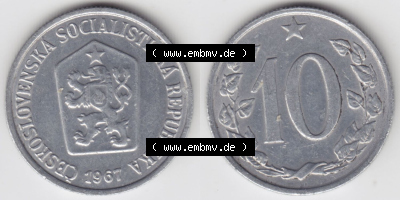 Münzen Tschechoslowakei (Land wurde 1992 aufgelöst), Umlaufmünze 1961-1971, 10 h, Haleru, Heller 1967 (3) Sammlung