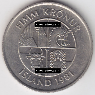 Münzen Island Eurovorläufer, Umlaufmünze vor Euroeinführung 1981-1992, 5 KR Kronur, Kronen 1981 (1) Sammlung
