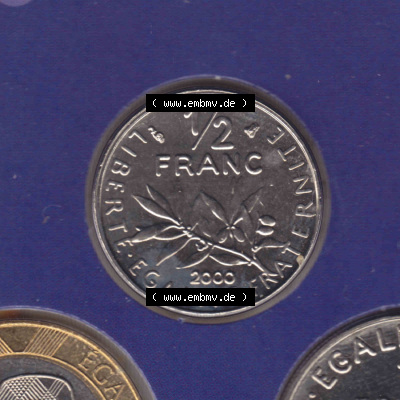Münzen Frankreich Eurovorläufer, Umlaufmünze vor Euroeinführung 2000, 1/2 Francs. Vorderseite einer Münze aus Europa als... Sammlung