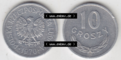Münzen Polen / Polska Eurovorläufer, Umlaufmünze vor Euroeinführung 1961-1985, 10 Groszy 1970 (3) Sammlung