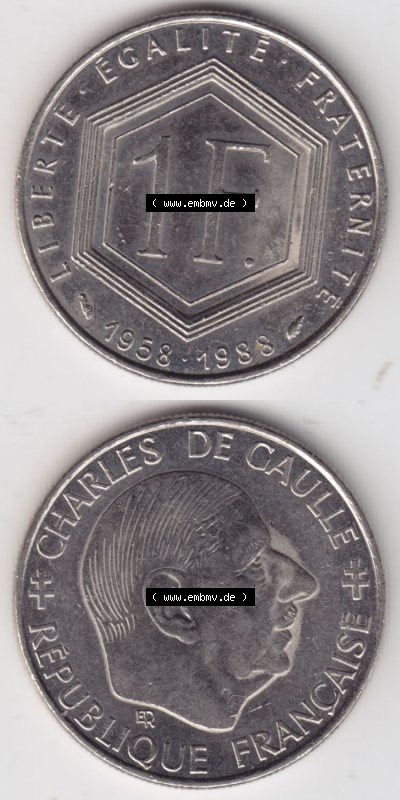 Münzen Frankreich Eurovorläufer, Umlaufmünze vor Euroeinführung 1988-1988, 1 Francs, Franken 1988. Vorderseite und Rückseite... Sammlung