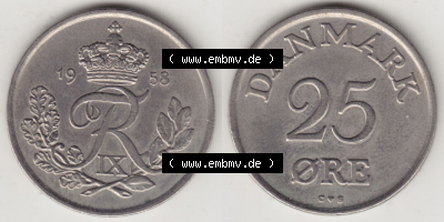 Münzen Dänemark / Danmark Eurovorläufer, Umlaufmünze vor Euroeinführung 1948-1960, 25 Öre 1958 (3) Sammlung