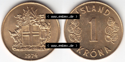 Münzen Island Eurovorläufer, Umlaufmünze vor Euroeinführung 1957-1975, 1 Krona, Krone 1974 (3) Sammlung