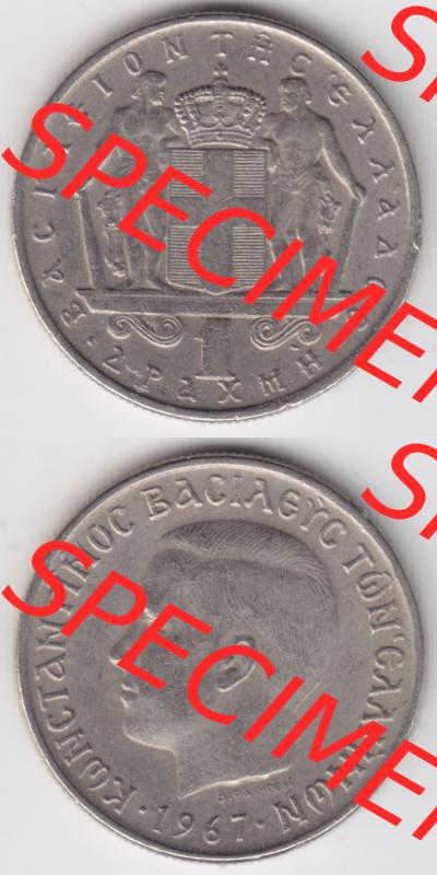 Münzen Griechenland Eurovorläufer, Umlaufmünze vor Euroeinführung 1967, 1 Apaxmai, Drachme. VS+RS auf einen Bild/Foto,, untereinander angeordnet,... Sammlung