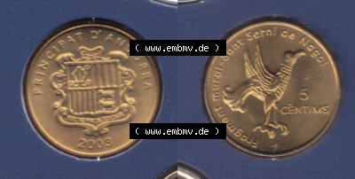 Münzen Andorra Eurovorläufer, Umlaufmünze vor Euroeinführung 2003, 5 Centimes, Sant Serni Kirche in Nagol (3) Sammlung