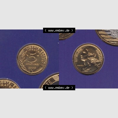 Münzen Frankreich Eurovorläufer, Umlaufmünze vor Euroeinführung 2000, 5 Centimes. Vorderseite und Rückseite Nebeneinander einer Münze aus Europa als Digitales... Sammlung