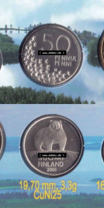 Münzen Finnland / SUOMI Eurovorläufer, Umlaufmünze vor Euroeinführung 2001, 50 Penni, Penniä. Rückseite und Vorderseite... Sammlung